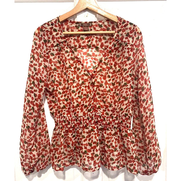 DMBM Red Sheer Floral V-Neck Pullover Shirt Top Blouse women's size Medium - Picture 1 of 6
